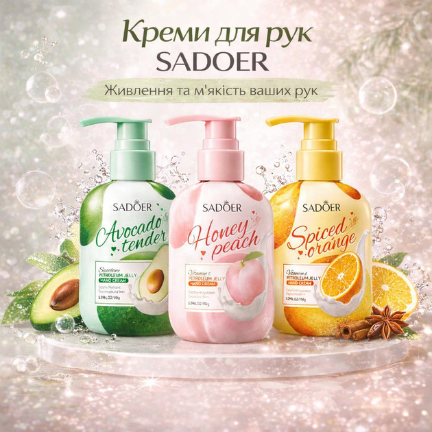 Крем для рук з вітаміном Е з ароматом медового персика SADOER, 150 г - Фото 2 Крем для рук з вітаміном Е з ароматом медового персика SADOER, 150 г - изображение 2