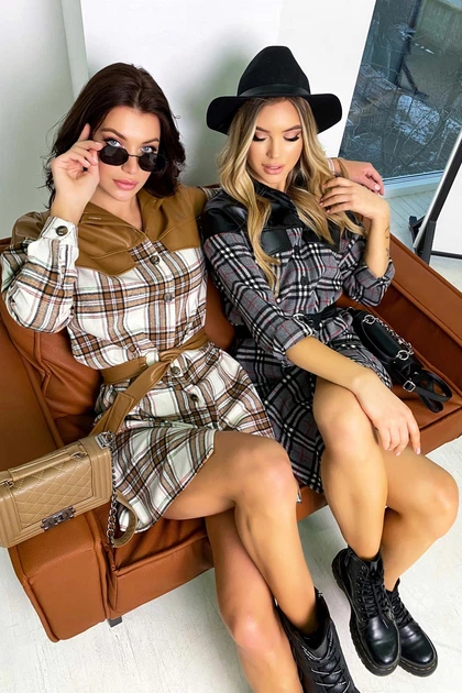 Жіноча сукня сорочка в клітинку з еко-шкіри та кашеміру Seventeen XS-S Капучино (2000000163116) - Фото 2 Жіноча сукня сорочка в клітинку з еко-шкіри та кашеміру Seventeen XS-S Капучино (2000000163116) - изображение 2