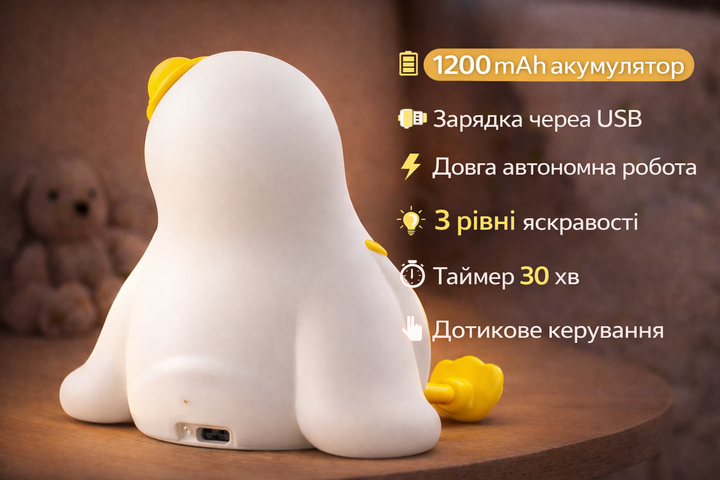 Дитячий нічник-світильник 2 в 1 Hoco HX16 Ліниве каченя LED силіконовий акумуляторний Duck Lamp, сенсорна лампа-нічник у вигляді каченяти з м’яким теплим світлом для дитячої кімнати, настільний нічник для сну дитини, USB зарядка - зображення 2