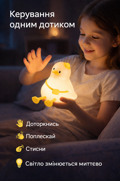 Дитячий нічник-світильник 2 в 1 Hoco HX16 Ліниве каченя LED силіконовий акумуляторний Duck Lamp, сенсорна лампа-нічник у вигляді каченяти з м’яким теплим світлом для дитячої кімнати, настільний нічник для сну дитини, USB зарядка - зображення 5