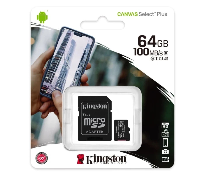 Карта пам'яті microSD MSD 64GB Kingston Canvas Select+ A1(100Mb/s) /C10+SD - Фото 1 Карта пам'яті microSD MSD 64GB Kingston Canvas Select+ A1(100Mb/s) /C10+SD - изображение 1
