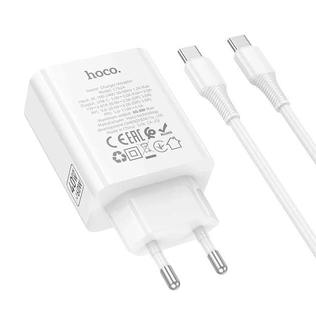Адаптер сетевой HOCO C to C cable Source single port PD charger set C162A |1Type-C, 40W/3A, PD/QC| - изображение 6
