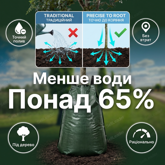 Сумка для поливу 75л мішок аква крапельний для плодових молодих дерев PU чохол 6-12г зволоження - зображення 7