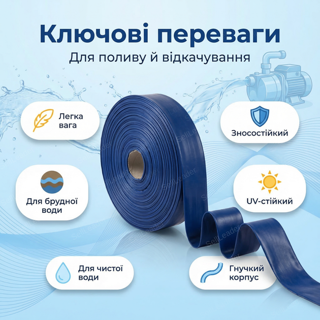 Плоский шланг 50 м 1"/25 мм 2 бар для воды полива сада газона мойки напорный армированный рукав ПВХ - изображение 2
