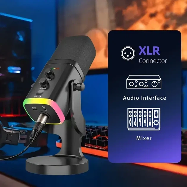 Динамічний мікрофон XLR/USB з RGB підсвіткою, для стрімінгу, подкастів, ігор і вокалу, з Mute та виходом для навушників - зображення 2