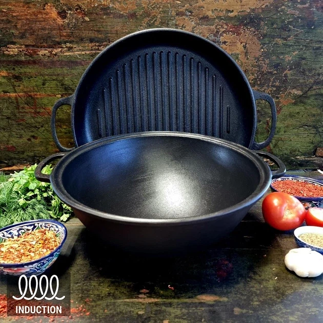 Казан 8л чавунний 34см узбецький WOK з кришкою сковородою гриль чавунна вага 11кг - Фото 9 Казан 8л чавунний 34см узбецький WOK з кришкою сковородою гриль чавунна вага 11кг - зображення 9