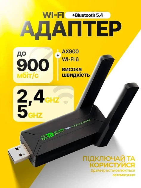 Адаптер AX900 Wi-Fi 6 двохдіапазонний 900Мб/с 2в1 Bluetooth 5.4 для ПК та ноутбука до WIFI 5G 2.4/5ГГц 900Mbps і BT в USB3.0 карта (COPY) - зображення 2