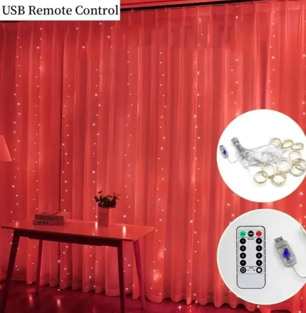 Гирлянда штора РОСА 3Мх3М Светодиодная Красная, USB, 300 LED, Новая, 8 режимов - изображение 2