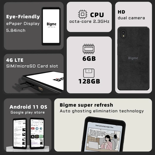Электронная книга в формате смартфона 5.84" Bigme HiBreak 6/128 ГБ 4G 1Sim Android 11 Wi-Fi Bluetooth Цветной сенсорный E-Ink экран (1440×720) До нескольких дней в режиме чтения (зависит от использования 4G) Черный Б/В - изображение 2