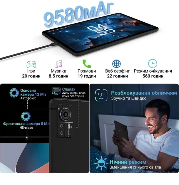 Планшет 11" Full HD DEEMWOLF P7 12+24/256Gb 4G 2-SIM 8 ядер Android 14 9580 mAh Черный Б/В - Фото 5 Планшет 11" Full HD DEEMWOLF P7 12+24/256Gb 4G 2-SIM 8 ядер Android 14 9580 mAh Черный Б/В - изображение 5