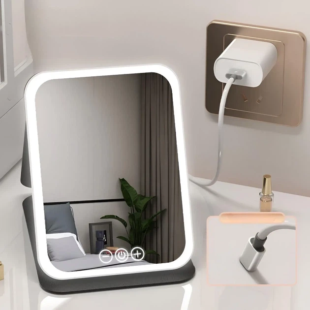 Зеркало для макияжа Lighted makeup mirror с LED подсветкой, складное, сенсорное управление, Type-C, с регулировкой яркости - Фото 3 Зеркало для макияжа Lighted makeup mirror с LED подсветкой, складное, сенсорное управление, Type-C, с регулировкой яркости - изображение 3