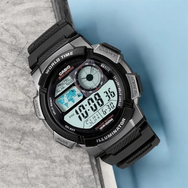 Електронний наручний годинник Casio AE-1000W-1B, цифровий із підсвічуванням, полімерний ремінець - зображення 3