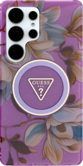 Etui Guess Glitter Flowers Triangle Buttons MagSafe do Samsung Galaxy S25 Ultra Purple (GUHMS25LHFLPEDU) - obraz 3