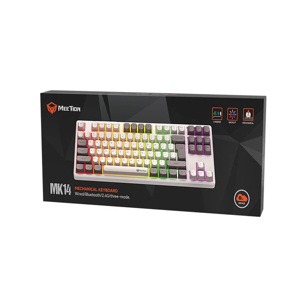 Ігрова клавіатура Meetion Tri-Mode RGB Backlit Mechanical Keyboard MK14 |BT5.0/2.4G/Wired| (UA/ru/EN Layouts) White - Фото 11 Ігрова клавіатура Meetion Tri-Mode RGB Backlit Mechanical Keyboard MK14 |BT5.0/2.4G/Wired| (UA/ru/EN Layouts) White - зображення 11