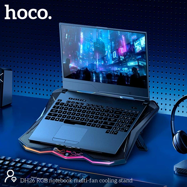 Кулер для ноутбука HOCO RGB notebook multi-fan cooling stand DH26 |10RGB Mode, 8 fans, 2USB, 17"| Black - Фото 7 Кулер для ноутбука HOCO RGB notebook multi-fan cooling stand DH26 |10RGB Mode, 8 fans, 2USB, 17"| Black - изображение 7