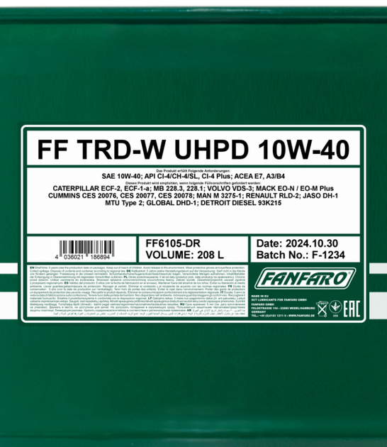 Моторное масло Fanfaro TRD-W 10w-40 Semi-synthetic UHPD 208 л (FF6105-208) - изображение 2