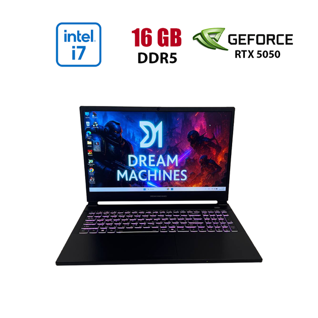 Ігровий ноутбук Dream Machines RG5050‑15 / 15.6" (1920x1080) IPS / Intel Core i7-13620H (10 (16) ядер по 3.6 - 4.9 GHz) / 16 GB DDR5 / 1000 GB SSD M.2 / nVidia GeForce RTX 5050, 8 GB GDDR7, 128-bit / WebCam б/в - Фото 1 Ігровий ноутбук Dream Machines RG5050‑15 / 15.6" (1920x1080) IPS / Intel Core i7-13620H (10 (16) ядер по 3.6 - 4.9 GHz) / 16 GB DDR5 / 1000 GB SSD M.2 / nVidia GeForce RTX 5050, 8 GB GDDR7, 128-bit / WebCam б/в - зображення 1
