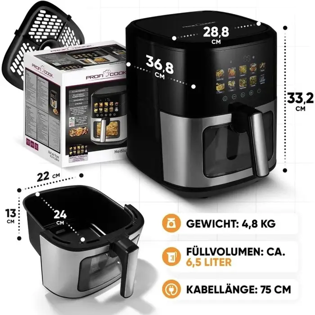 Аэрофритюрница ProfiCook PC-FR 1286 H 6,5 л, 1700 Вт, без масла, сенсорное управление - изображение 7