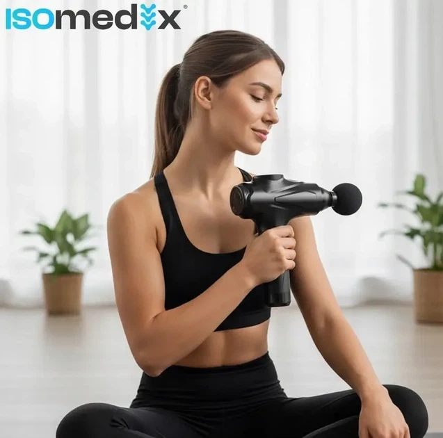 Перкуссионный массажер пистолет для тела Isomedix 26441, 30 скоростей, 12 насадок, кейс - изображение 4
