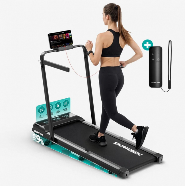 Беговая дорожка Sportconic до 12 км/ч с регулируемым наклоном LED-дисплей пульт дистанционного управления черная - Фото 2 Беговая дорожка Sportconic до 12 км/ч с регулируемым наклоном LED-дисплей пульт дистанционного управления черная - изображение 2