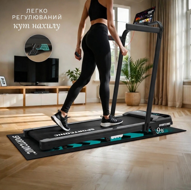 Доріжка бігова Sportconic до 12 км/год з регульованим нахилом LED-дисплей пульт + захисний килимок 140×60 см чорна - зображення 4