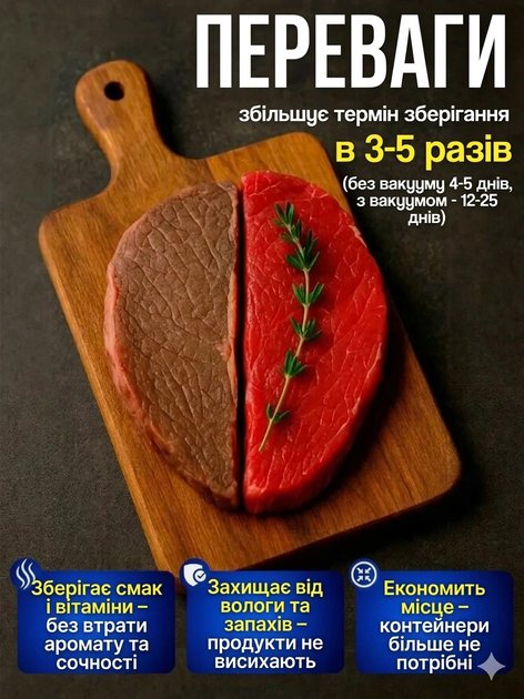 Вакууматор для продуктів потужний 6 режимів роботи, Вакуумний пакувальник + Вбудований різак для пакетів, Чорний - зображення 7
