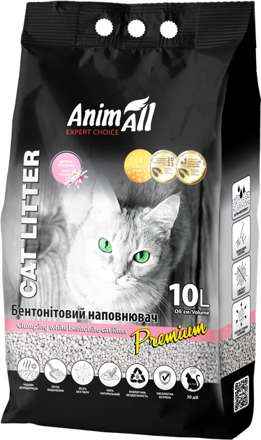 Наполнитель для кошачьего туалета AnimAll Бентонитовый комкующий с ароматом детской пудры 8.6 кг (10 л) Белый (4820224500591) - изображение 2