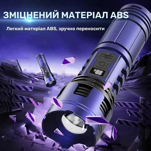 Ручний акумуляторний ліхтарик MACROCOSM XHP90: надпотужний світлодіод, цифровий дисплей заряду, USB-зарядка та Zoom - зображення 9