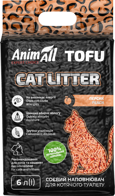 Наповнювач для котячого туалету AnimAll Тофу з ароматом персика Соєвий грудкуючий 2.6 кг (6 л) (2000981139025/4820224500362) - Фото 1 Наповнювач для котячого туалету AnimAll Тофу з ароматом персика Соєвий грудкуючий 2.6 кг (6 л) (2000981139025/4820224500362) - зображення 1