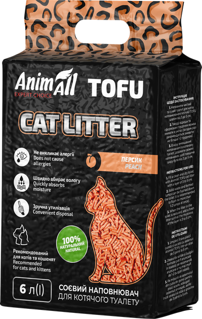 Наповнювач для котячого туалету AnimAll Тофу з ароматом персика Соєвий грудкуючий 2.6 кг (6 л) (2000981139025/4820224500362) - Фото 2 Наповнювач для котячого туалету AnimAll Тофу з ароматом персика Соєвий грудкуючий 2.6 кг (6 л) (2000981139025/4820224500362) - зображення 2