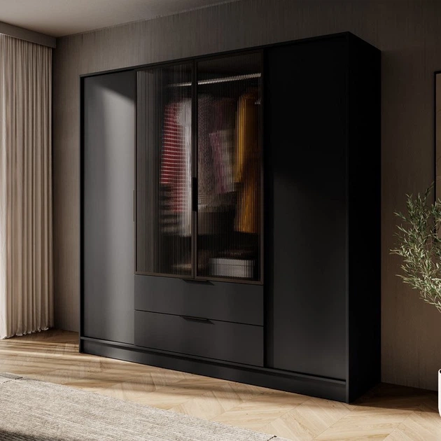 Гардеробна / шафа для одягу Perfect Home Келлі / Kelly 4DRM 4-дверна з центральними прозорими дверцятами та реєю Чорний (PFH-091895) - Фото 1 Гардеробна / шафа для одягу Perfect Home Келлі / Kelly 4DRM 4-дверна з центральними прозорими дверцятами та реєю Чорний (PFH-091895) - зображення 1