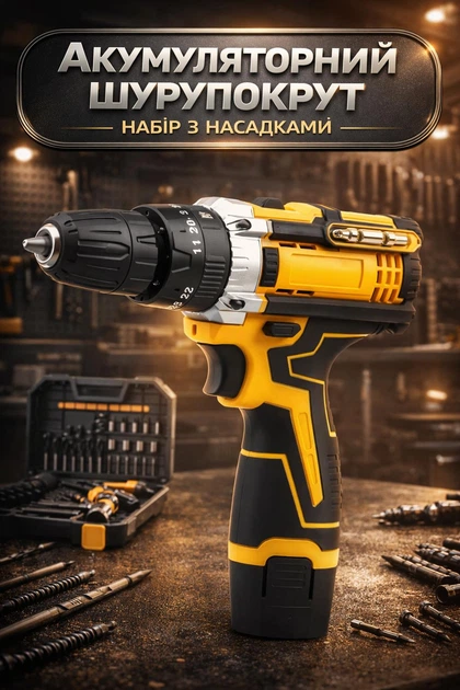 Акумуляторний шурупокрут в кейсі з насадками, бітами та сверлами Screw Driver Sets 12V Yellow - Фото 1 Акумуляторний шурупокрут в кейсі з насадками, бітами та сверлами Screw Driver Sets 12V Yellow - изображение 1