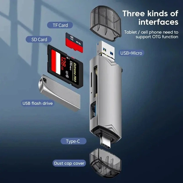 Переходник 6 в 1 (USB, Type-C, Micro-USB, TF, SD), OTG Адаптер-Хаб, концентратор, Hub, разветвитель - изображение 3