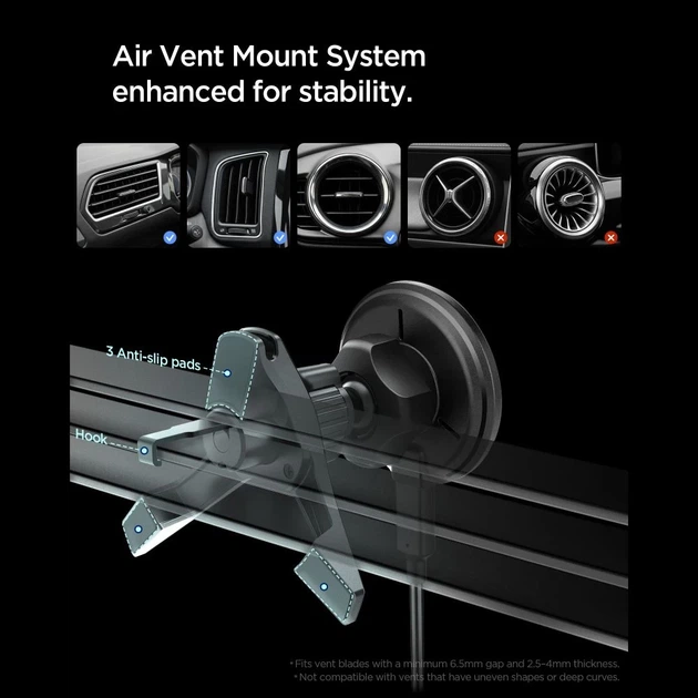 Автодержатель с функцией беспроводной зарядки Spigen EV15MAQ Essential Magnetic Vent Car Mount 15W Qi2 Black with MagSafe (ACP10513) - Фото 4 Автодержатель с функцией беспроводной зарядки Spigen EV15MAQ Essential Magnetic Vent Car Mount 15W Qi2 Black with MagSafe (ACP10513) - изображение 4
