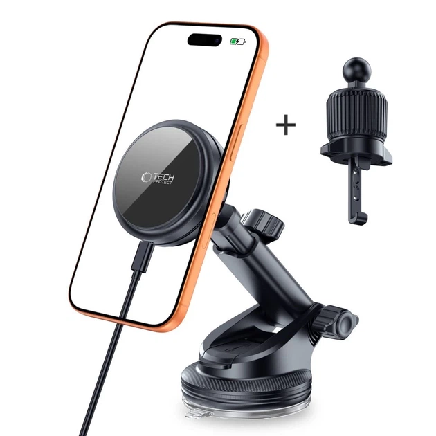 Автодержатель с функцией беспроводной зарядки Tech-Protect V9 ArcticBoost Magnetic Dashboard & Vent Car Mount Wireless Charger 25W Qi2.2 Black with Ma - изображение 2