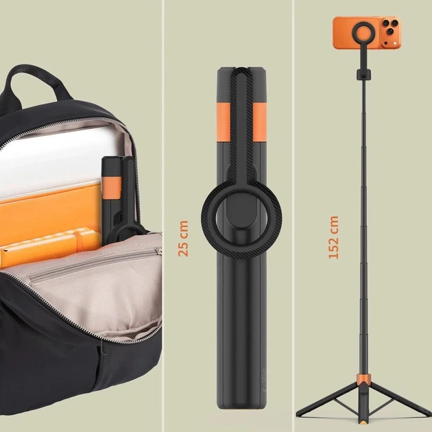 Универсальный штатив Tech-Protect L10S Bluetooth Selfie Stick Tripod Black/Orange with MagSafe (5906302352807) - Фото 12 Универсальный штатив Tech-Protect L10S Bluetooth Selfie Stick Tripod Black/Orange with MagSafe (5906302352807) - изображение 12