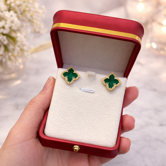 Сережки в стилі Van Cleef (Gold-green) - Фото 1 Сережки в стилі Van Cleef (Gold-green) - зображення 1