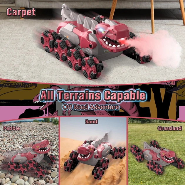 Робот динозавр A Toys 2209 трюковая машинка на радиоуправлении 8 колес с паром светом звуком и USB для музыки Красный для детей для активных гонок - изображение 5