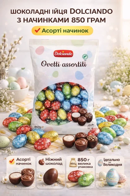 Шоколадні яйця Dolciando Ovetti Assortiti Долкандо асорті з кремовою начинкою 850 г - Фото 3 Шоколадні яйця Dolciando Ovetti Assortiti Долкандо асорті з кремовою начинкою 850 г - зображення 3