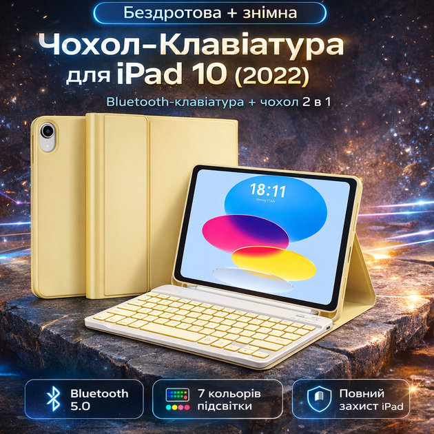 Чехол-клавиатура JADEMALL для iPad 10 (10.9", 2022, A2696/A2757/A2777), Bluetooth, QWERTZU, съемная, желтый - изображение 2