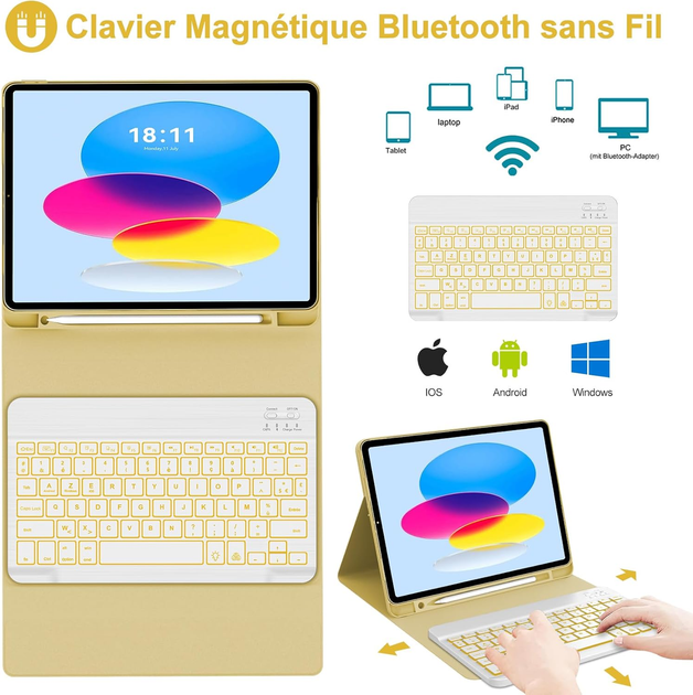 Чехол-клавиатура JADEMALL для iPad 10 (10.9", 2022, A2696/A2757/A2777), Bluetooth, QWERTZU, съемная, желтый - изображение 4