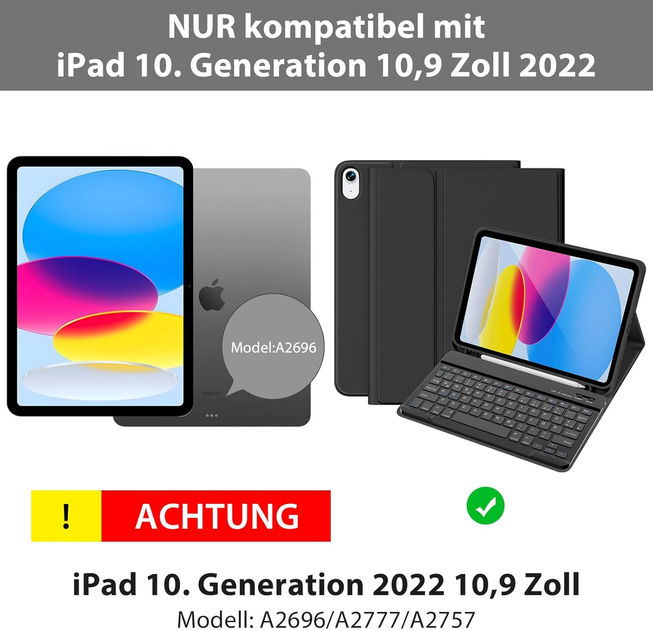 Чехол-клавиатура для iPad 10-го поколения 10.9 дюймов 2022 года, с Bluetooth клавиатурой, с держателем для стилус для iPad 10-го - Фото 3 Чехол-клавиатура для iPad 10-го поколения 10.9 дюймов 2022 года, с Bluetooth клавиатурой, с держателем для стилус для iPad 10-го - изображение 3
