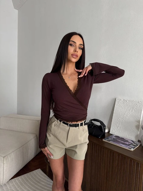Жіночий лонгслів на запах з мереживом Uaclothes 42-46 Коричневий (like37358-177901360) - изображение 3