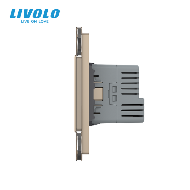 Сенсорний подвійний прохідний вимикач LIVOLO з розеткою та USB Type-C 18Вт, золотий, скло, із заземленням - Фото 3 Сенсорний подвійний прохідний вимикач LIVOLO з розеткою та USB Type-C 18Вт, золотий, скло, із заземленням - зображення 3