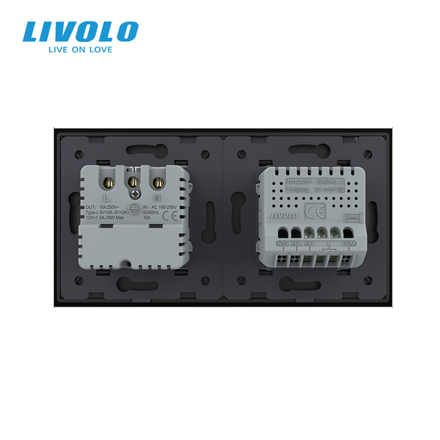 Умный сенсорный диммер с розеткой USB Type-C 18Вт LIVOLO 16А 230В, с заземлением, шторки, черный, стекло - изображение 4
