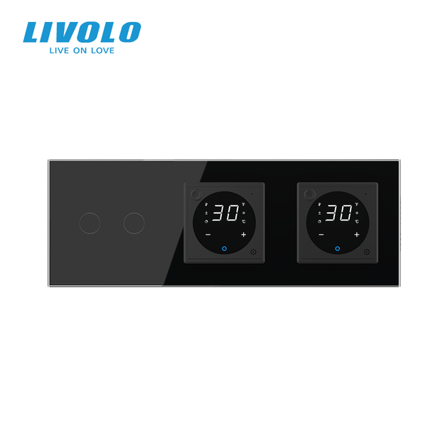 Умный двойной терморегулятор LIVOLO с управлением с телефона, выключатель 2-клавишный, черный, стекло - изображение 3