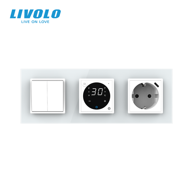 Терморегулятор для теплої підлоги + 2-клавішний вимикач + USB Type-C 18Вт LIVOLO, білий скляний - Фото 3 Терморегулятор для теплої підлоги + 2-клавішний вимикач + USB Type-C 18Вт LIVOLO, білий скляний - зображення 3