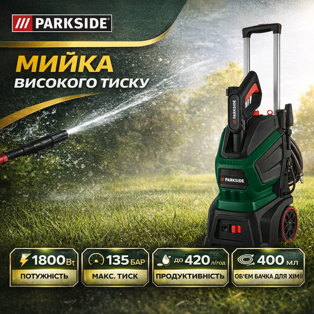 Мойка высокого давления Parkside PHD 135 G6 1800 Вт, 135 бар, 420 л/ч, алюминиевая помпа - Фото 1 Мойка высокого давления Parkside PHD 135 G6 1800 Вт, 135 бар, 420 л/ч, алюминиевая помпа - изображение 1