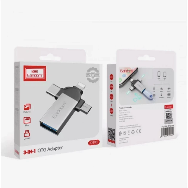 Adapter OTG USB3.0 To Micro USB, Lightning, USB C — Earldom ET-OT93 — Grey (778371) - Фото 2 Adapter OTG USB3.0 To Micro USB, Lightning, USB C — Earldom ET-OT93 — Grey (778371) - изображение 2