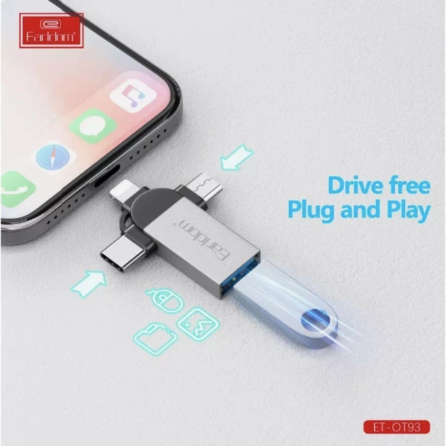 Adapter OTG USB3.0 To Micro USB, Lightning, USB C — Earldom ET-OT93 — Grey (778371) - Фото 3 Adapter OTG USB3.0 To Micro USB, Lightning, USB C — Earldom ET-OT93 — Grey (778371) - изображение 3